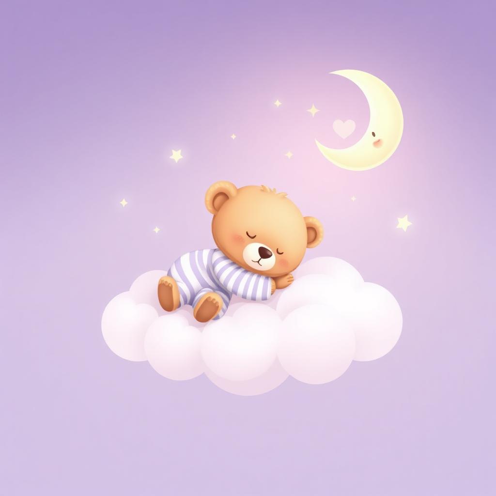 Ursinho dormindo tranquilamente em uma nuvem ao lado da lua