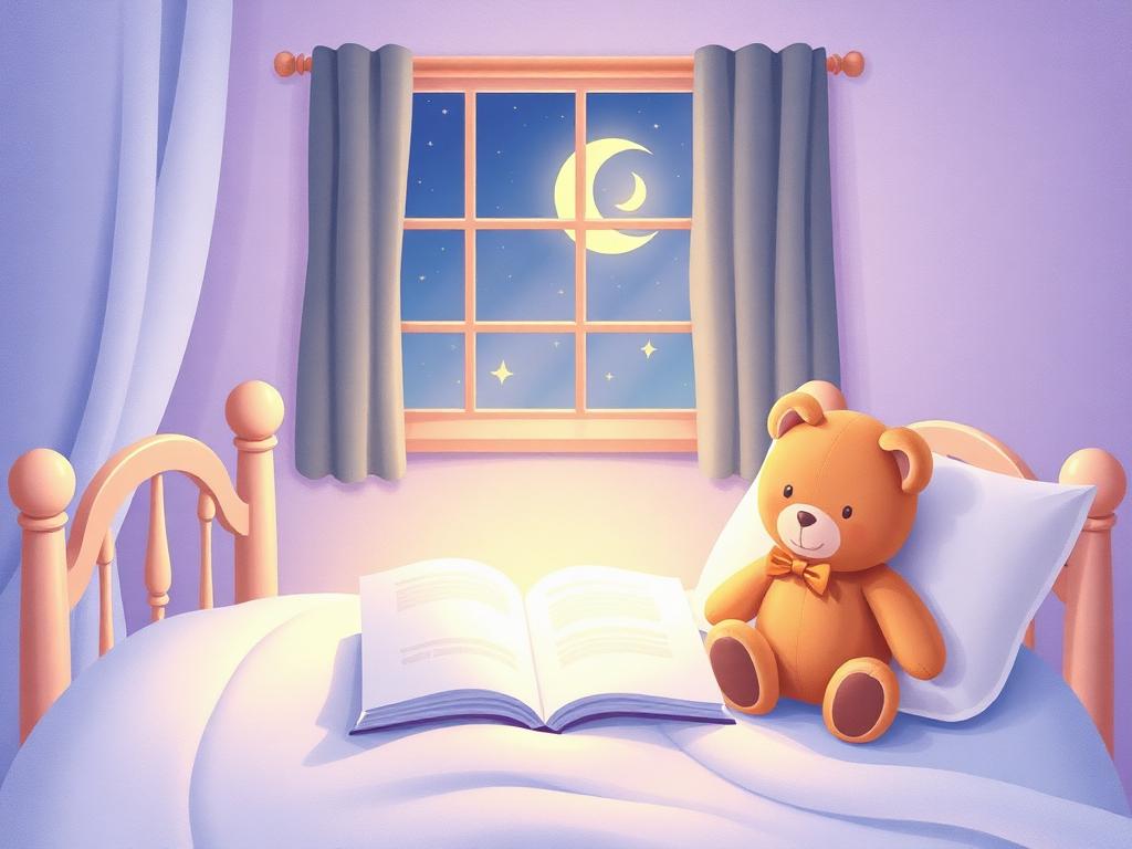 Quarto infantil aconchegante preparado para a hora de dormir, com livro aberto e ursinho